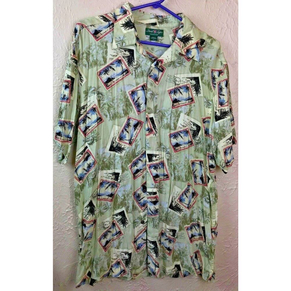David Taylor Collection Mens‎ Large Button Camp Palm Tree Stamp Postcard Shirt